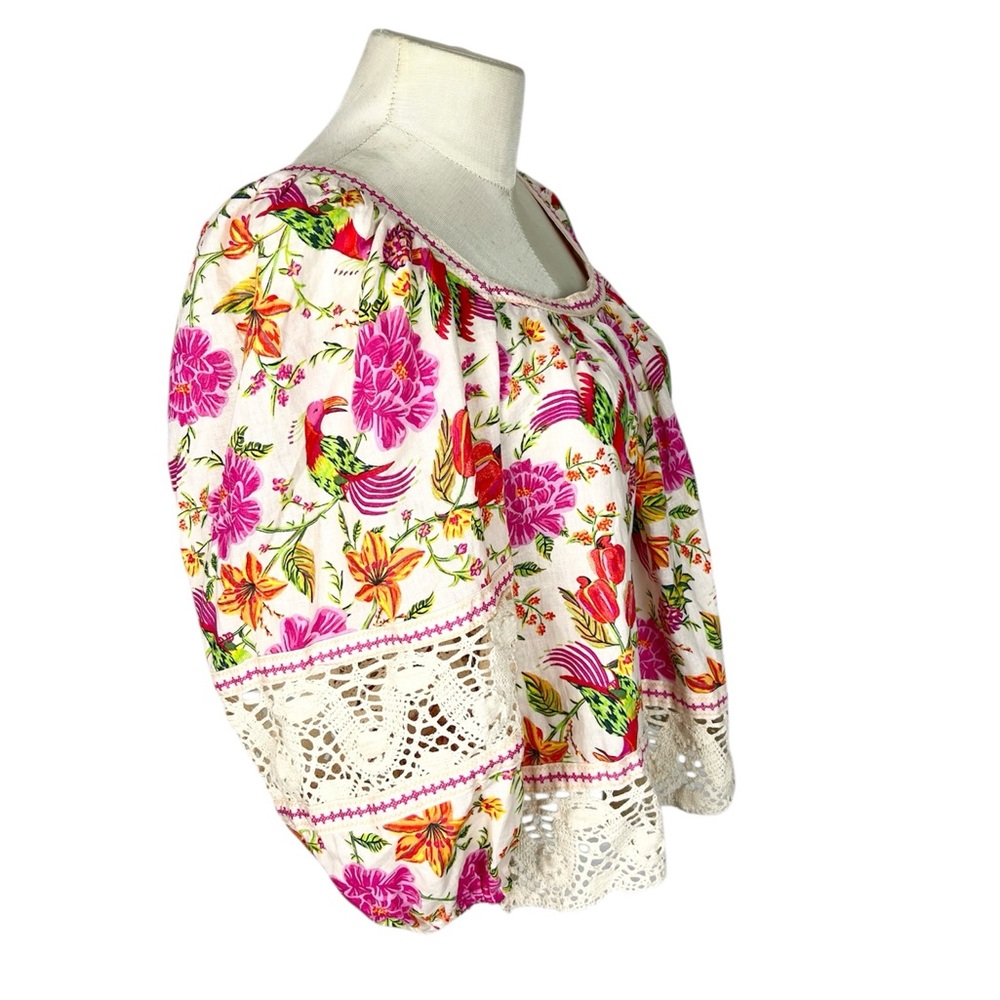 Rachel Zoe Linen Blend Crochet Insert Boho Tropical Square Neck Top Size M - Picture 2 of 8